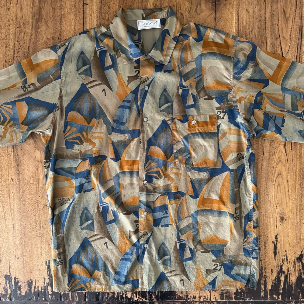 Vintage Gran Sasso Men’s Sailboat Print Short Sleeve Button-Down Shirt – XL